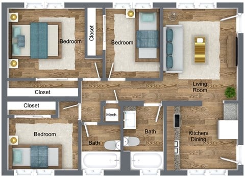 Floor plan for 3 beds, 2 baths, 855 sqft